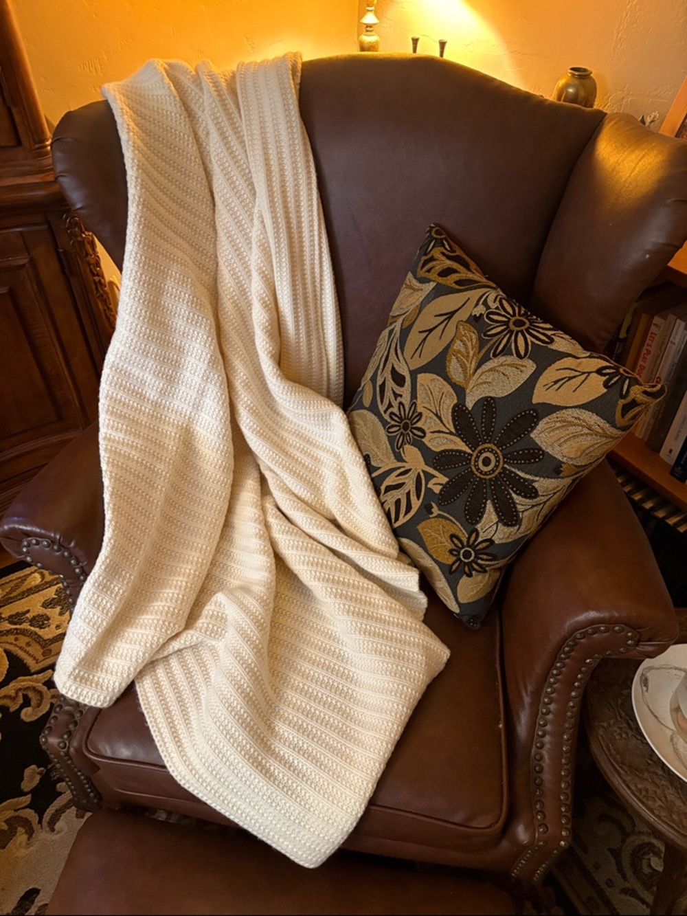 🆕 Tahari Home Cream Colored Ribbed Knit Wool & Cashmere Throw
